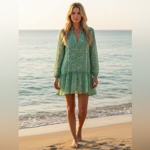 Poupette St Barth - Green & Abstract Floral Print Drop Waist Dress Sz medium